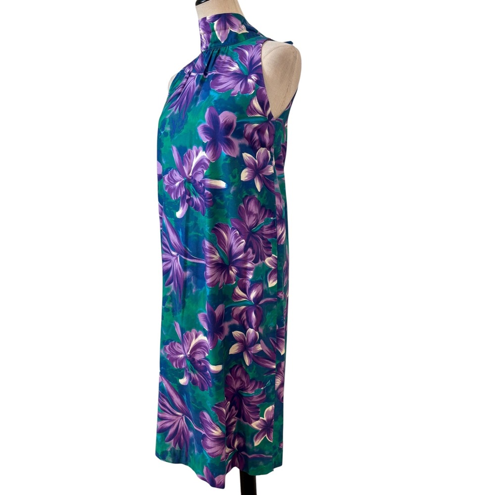 Vtg 60s 70s Fashions of Hawaii‎ Dress Women sz s/m Teal Purple Floral Bow resort - Picture 3 of 7